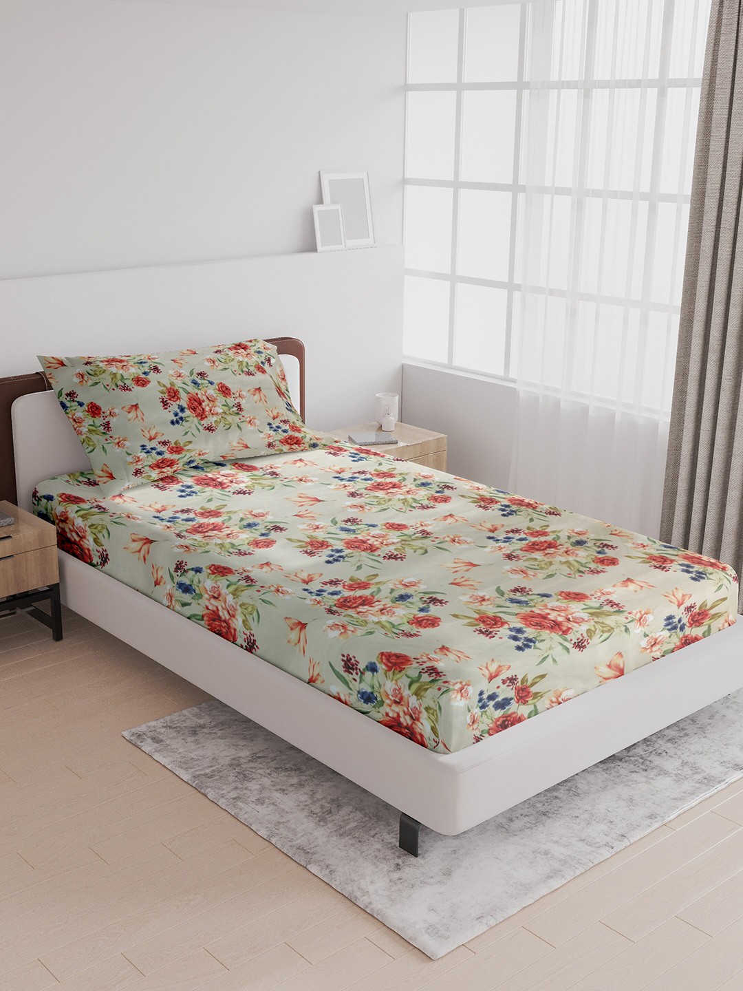 

LABHAM Crystal Green & Red Floral Printed 140 TC Cotton Single Bedsheet & Pillow Cover