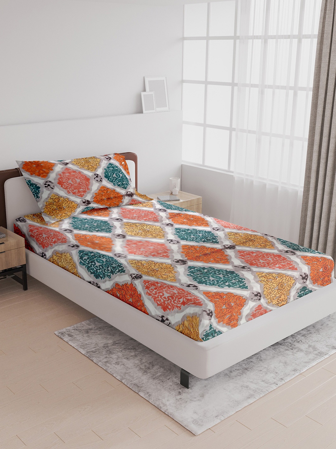 

LABHAM Crystal White & Orange Printed 140 TC Cotton Single Bedsheet & Pillow Cover