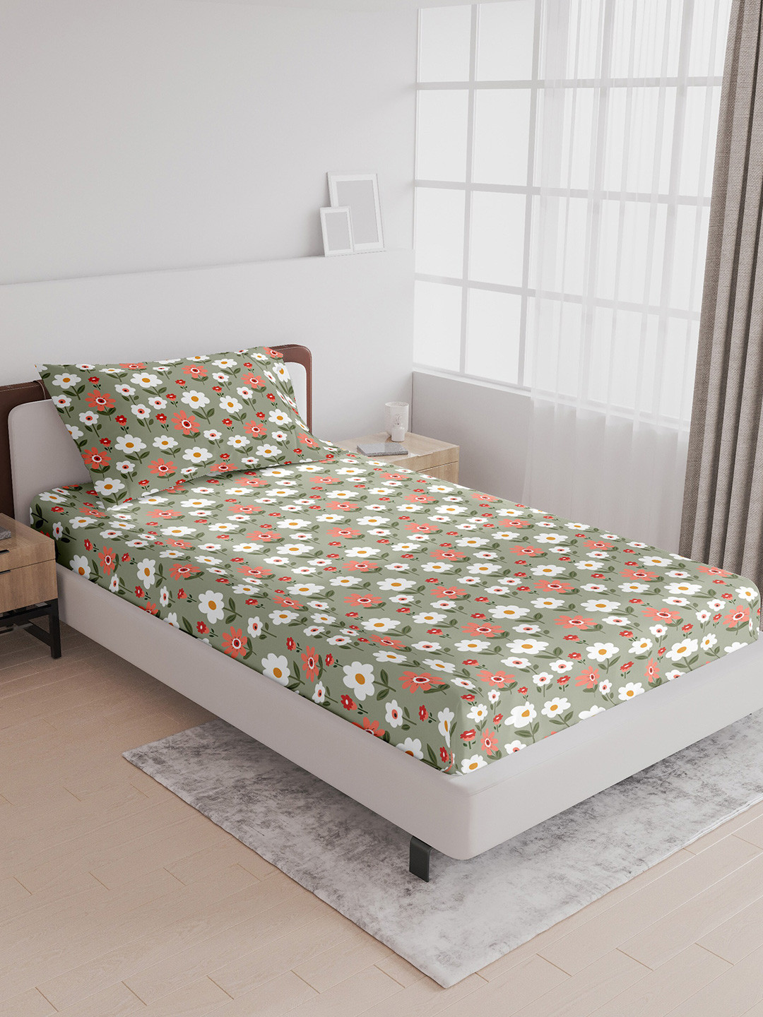 

LABHAM Crystal Green & White Floral Printed 140 TC Cotton Single Bedsheet & Pillow Cover