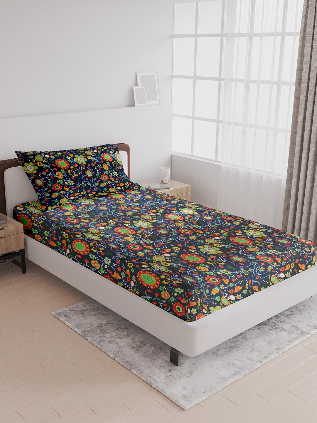 

LABHAM Crystal Blue & Green Floral Printed 140 TC Cotton Single Bedsheet & Pillow Cover