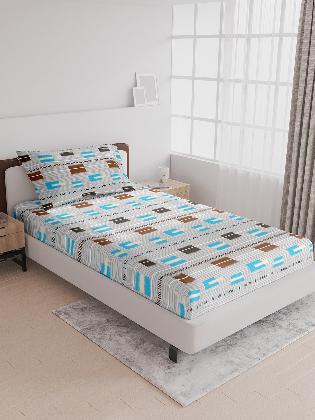 

LABHAM Crystal White & Grey Geometric Printed 140 TC Cotton Single Bedsheet & Pillow Cover