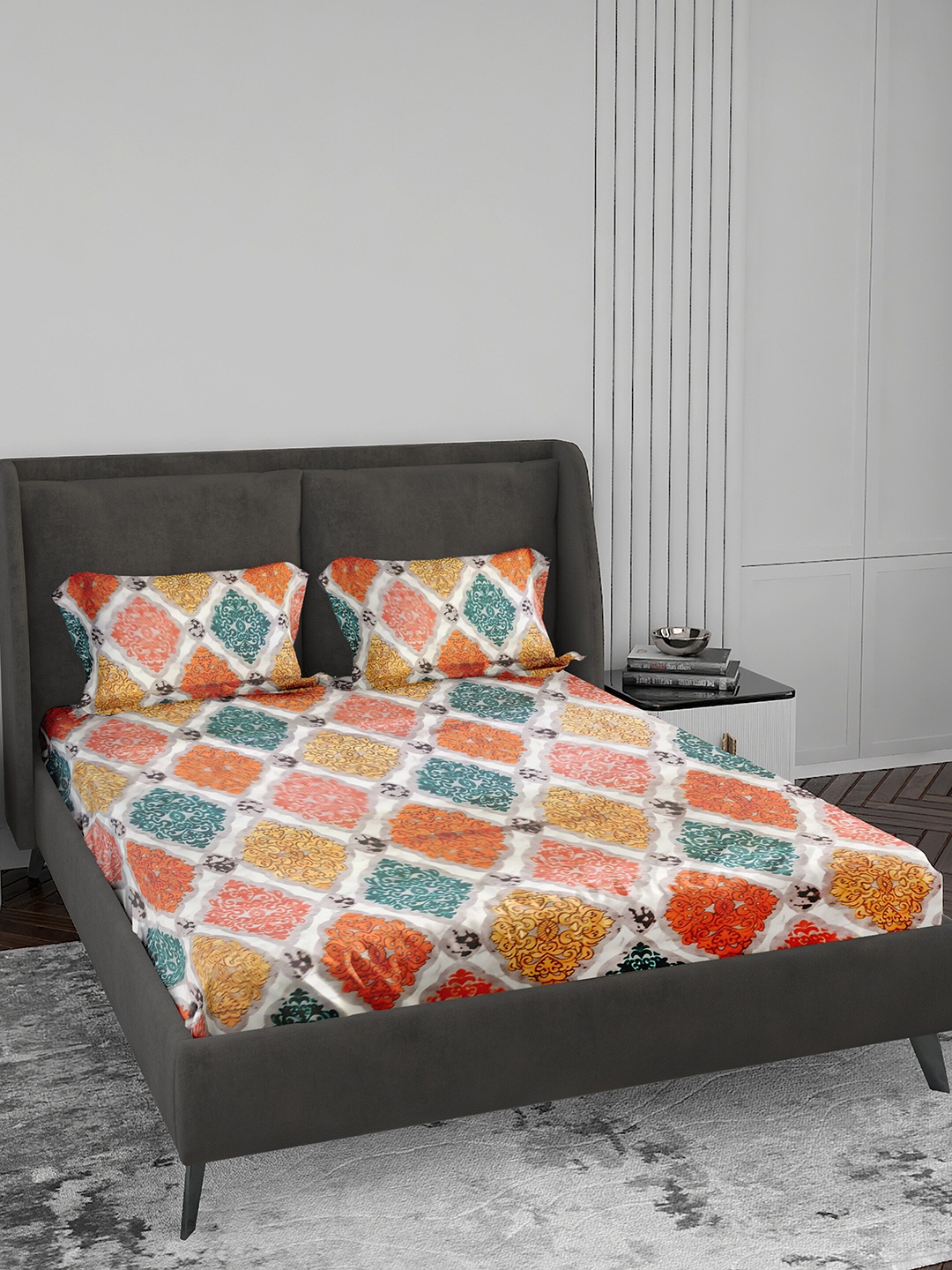 

LABHAM Crystal White & Orange Ethnic Motifs 140 TC King Bedsheet With 2 Pillow Covers
