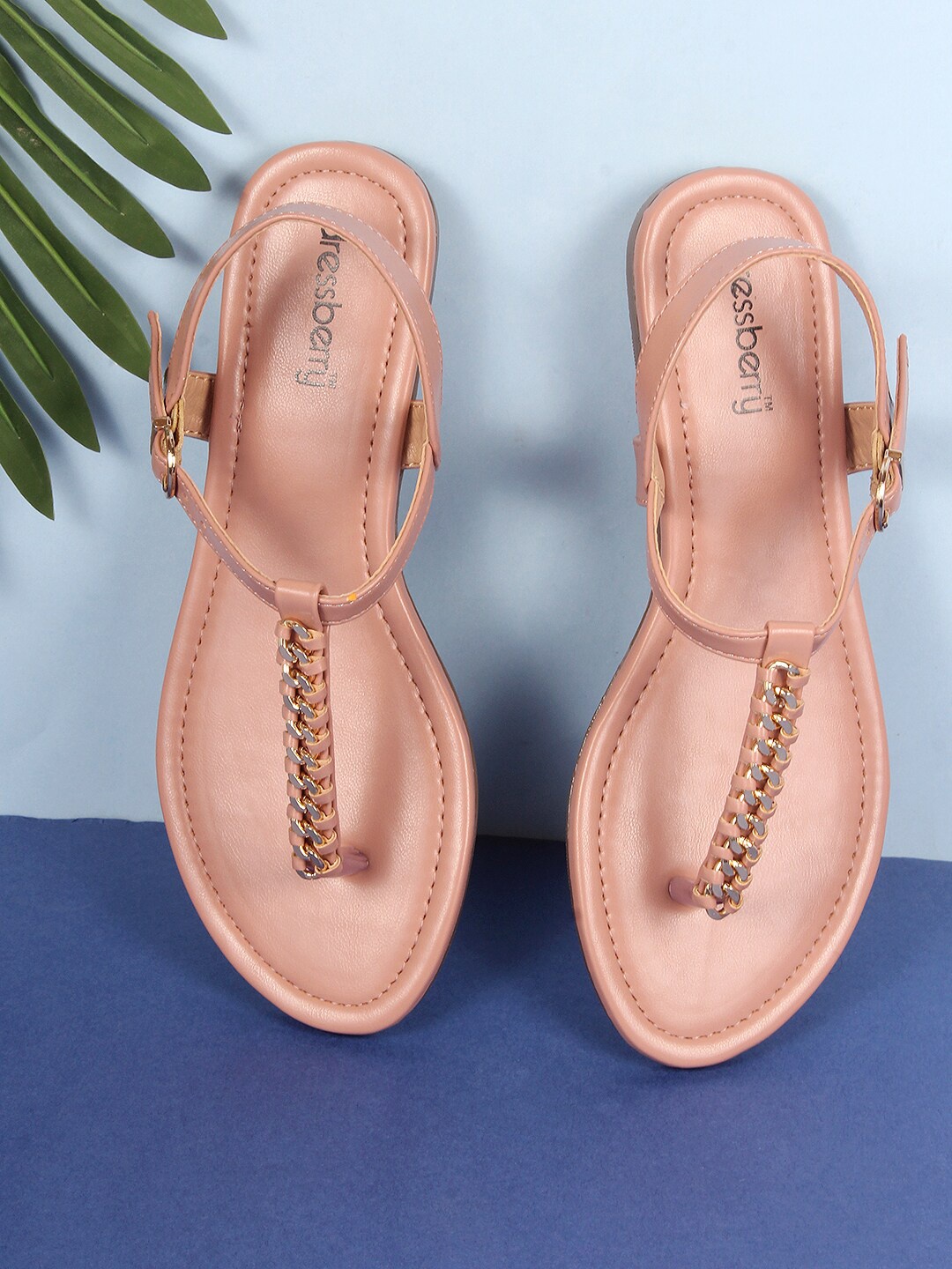 

DressBerry Women Nude-Coloured Embellished Open Toe T-Strap Flats With Backstrap