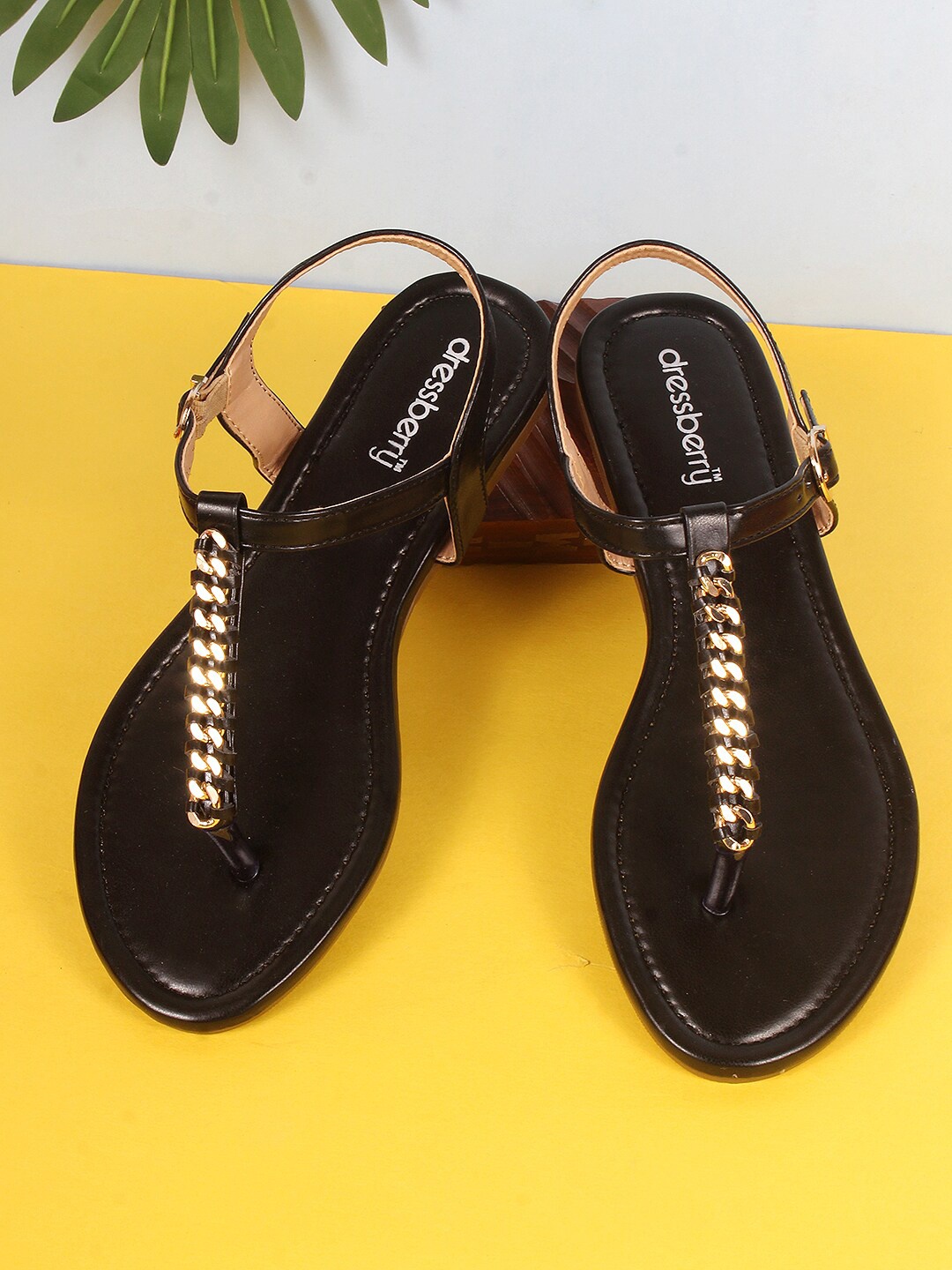 

DressBerry Black & Gold Toned Embellished Open Toe T-Strap Flats With Backstrap