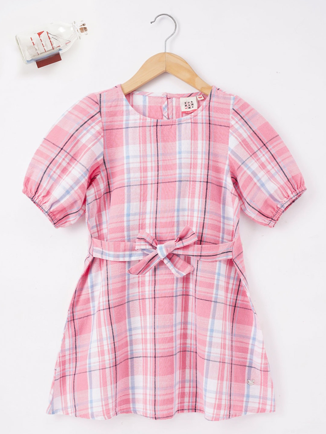 

Ed-a-Mamma Girls Checked Puff Sleeve A-Line Dress, Pink