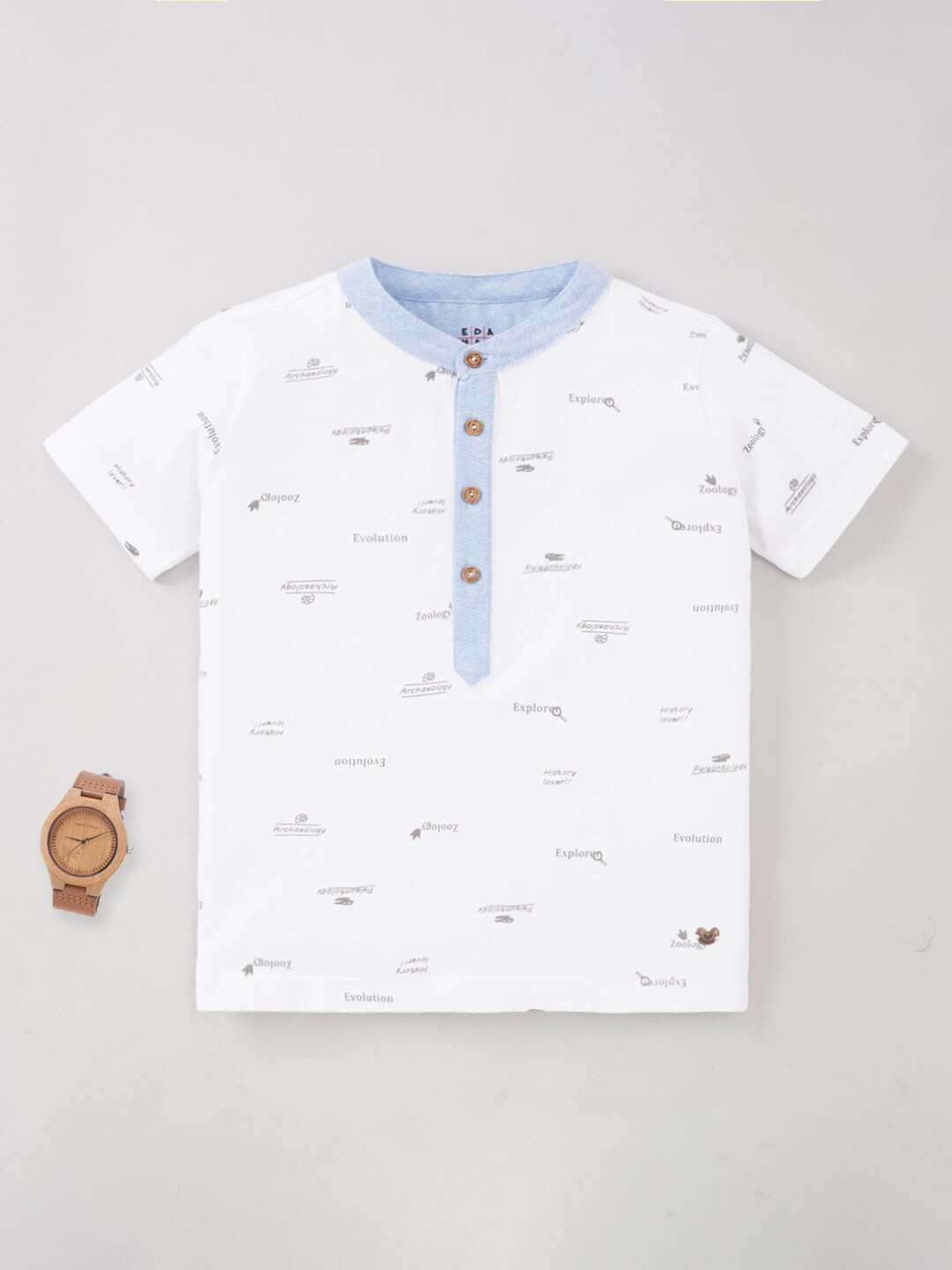 

Ed-a-Mamma Boys Typography Printed Henley Neck Pure Cotton T-shirt, White