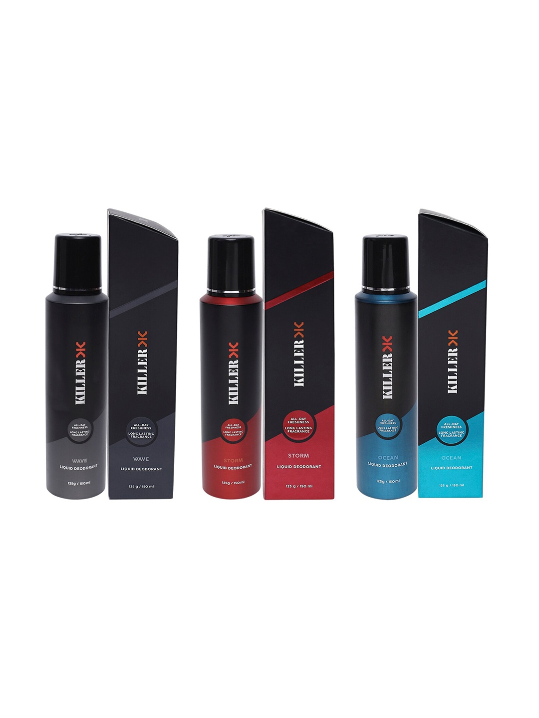 

Killer Set Of 3 Long Lasting Liquid Deodorants 150ml Each - Wave+Storm+Ocean, Black