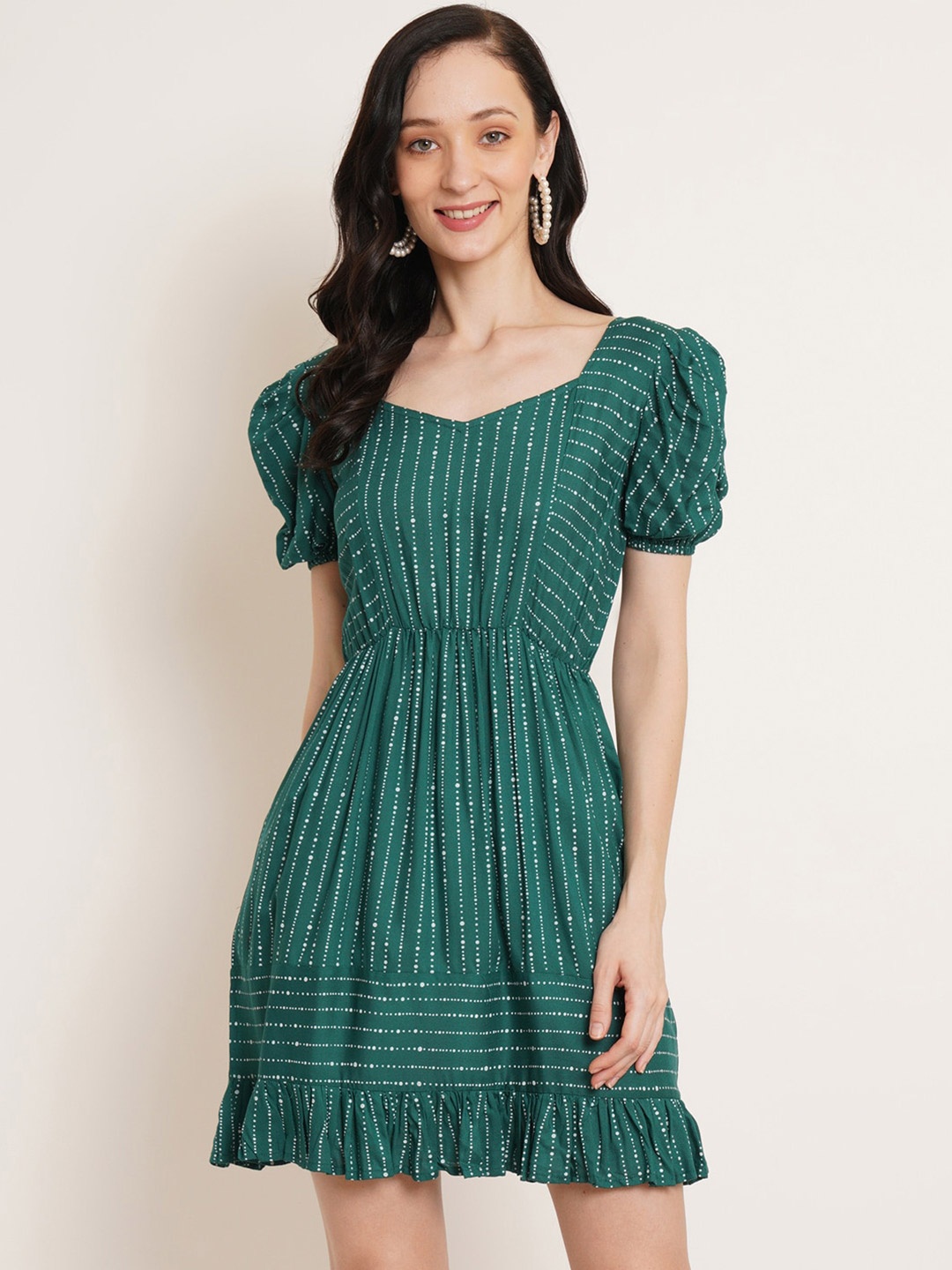 

U&F Green Striped Puff Sleeve Fit & Flare A-Line Dress