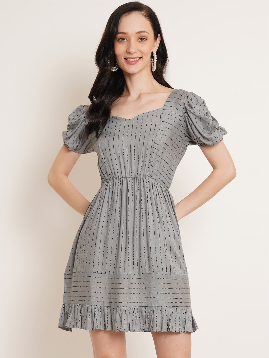 

U&F Grey Striped Puff Sleeve Fit & Flare Dress