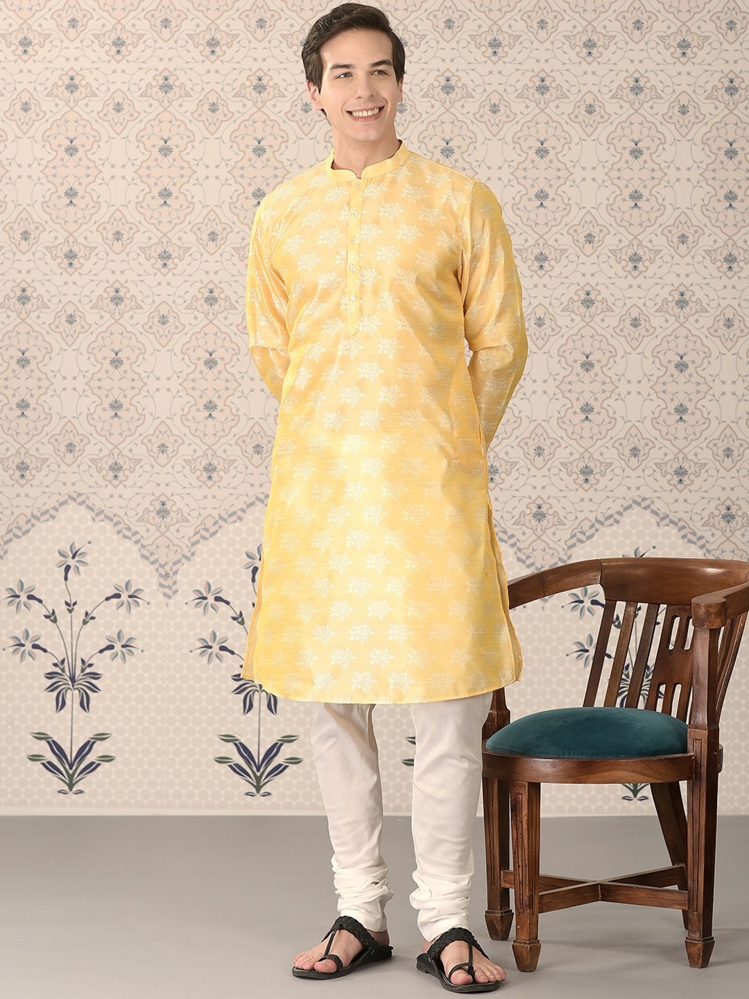 

Ode by House of Pataudi Yellow Mandarin Collar Woven Design Kurta with Churidar