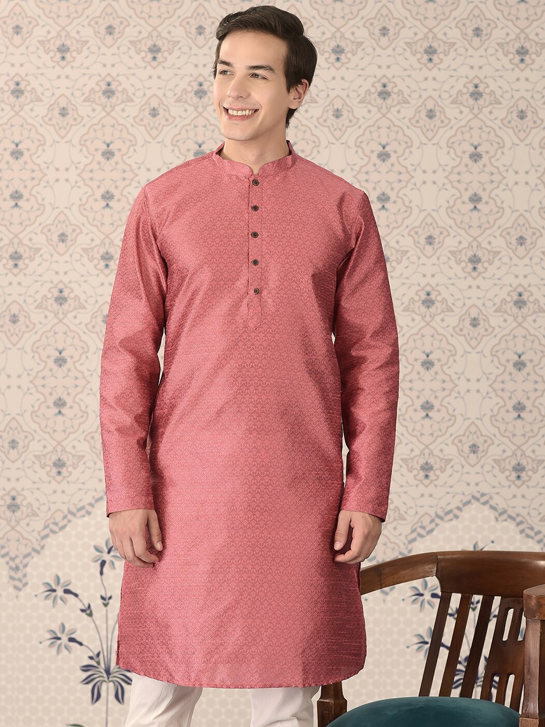 

Ode by House of Pataudi Pink & White Woven Design Mandarin Collar Kurta With Churidar