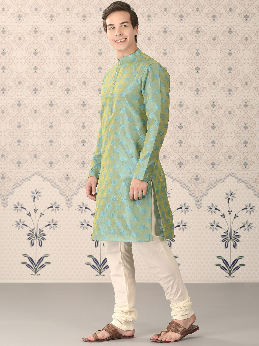 

Ode by House of Pataudi Green & Off White Ethnic Motifs Woven Design Kurta with Churidar