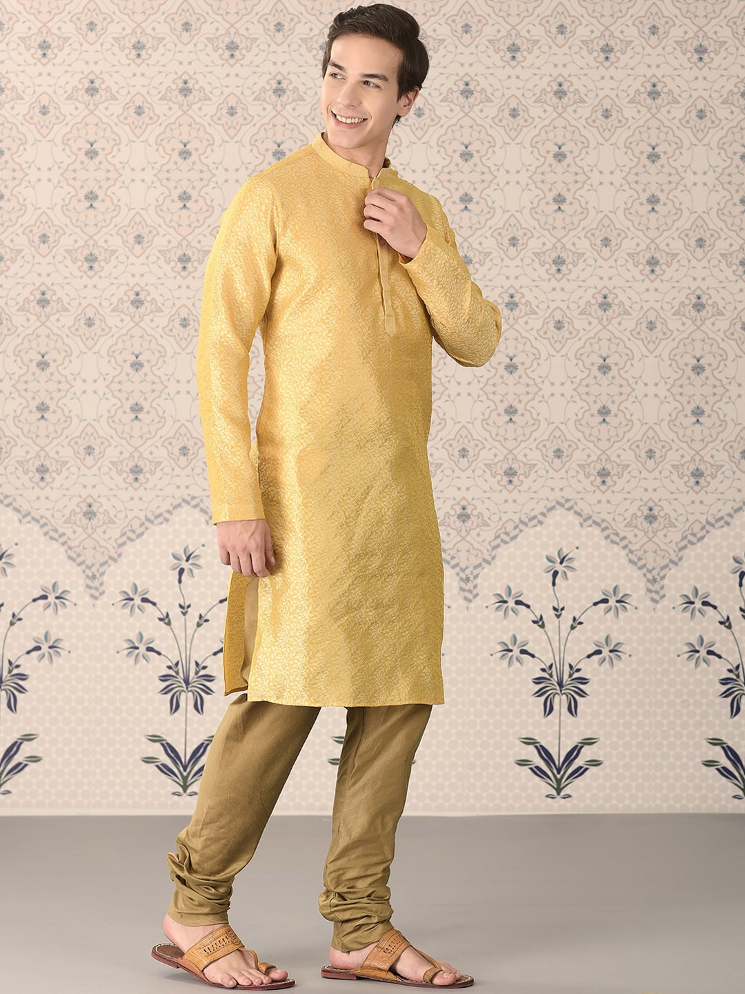 

Ode by House of Pataudi Yellow & White Woven Design Mandarin Collar Kurta With Churidar