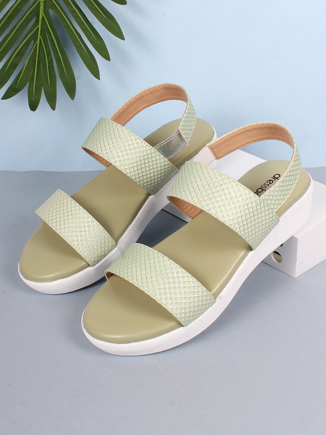 

DressBerry Sea Green Textured Open Toe Flats With Backstrap