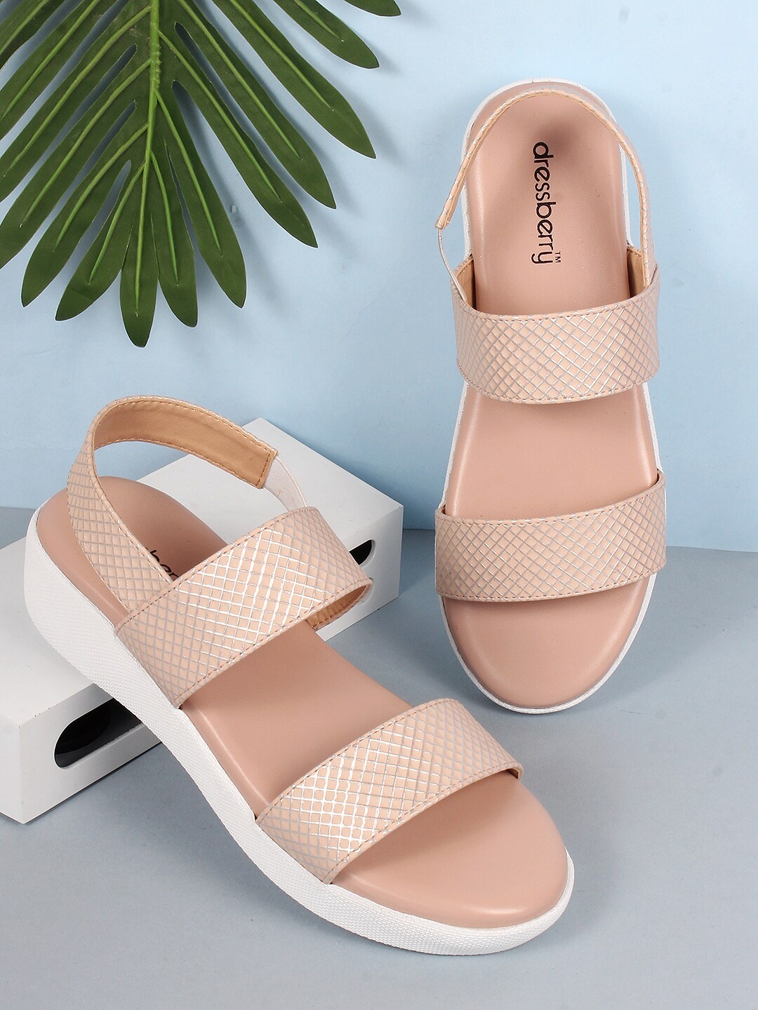 

DressBerry Pink & White Textured Open Toe Flats With Backstrap