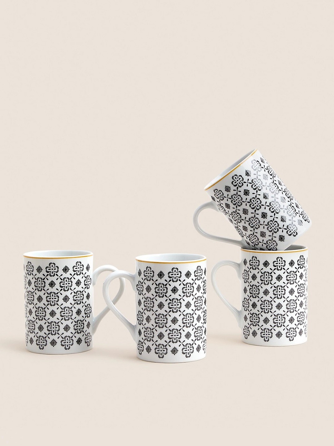 

Marks & Spencer White & Brown 4 Pieces Printed Porcelain Glossy Mugs - 250 ML Each