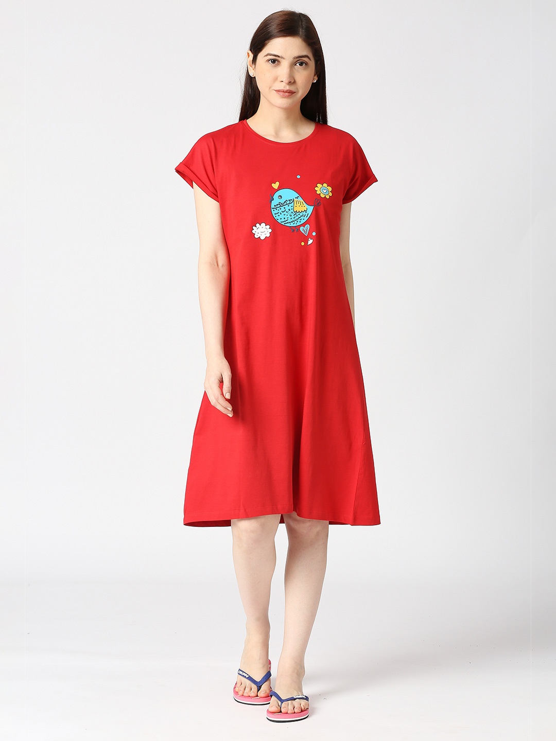 

zebu Graphic Printed Pure Cotton T-shirt Nightdress, Red