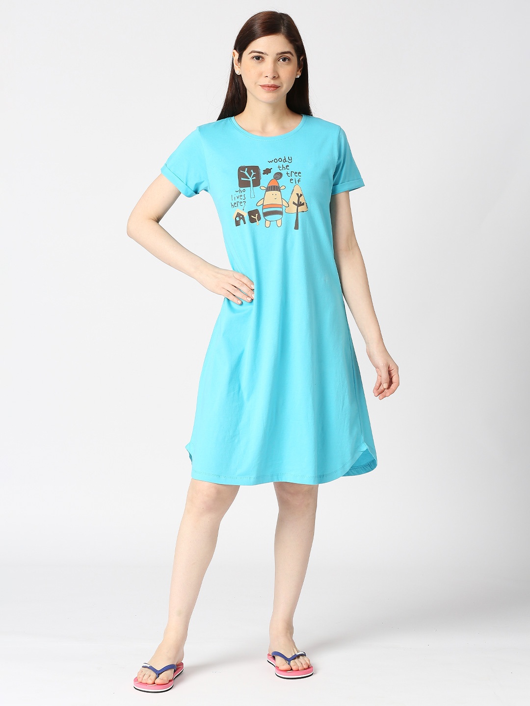 

zebu Graphic Printed Pure Cotton T-shirt Nightdress, Blue