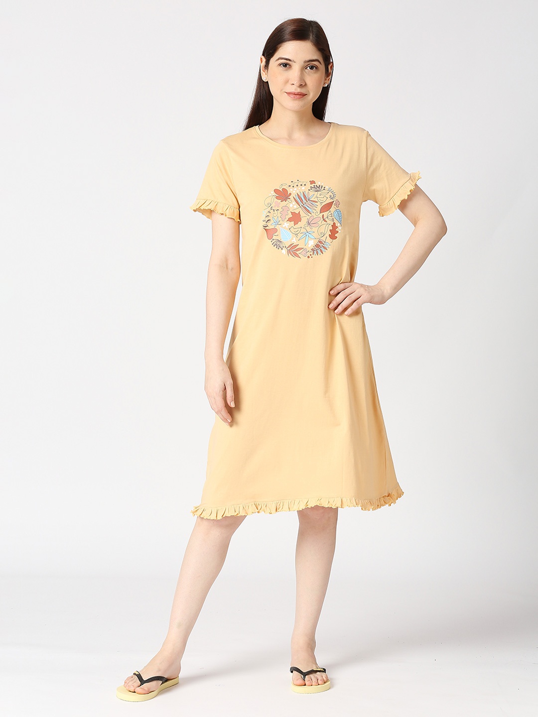

zebu Printed Round Neck Pure Cotton Nightdress, Beige