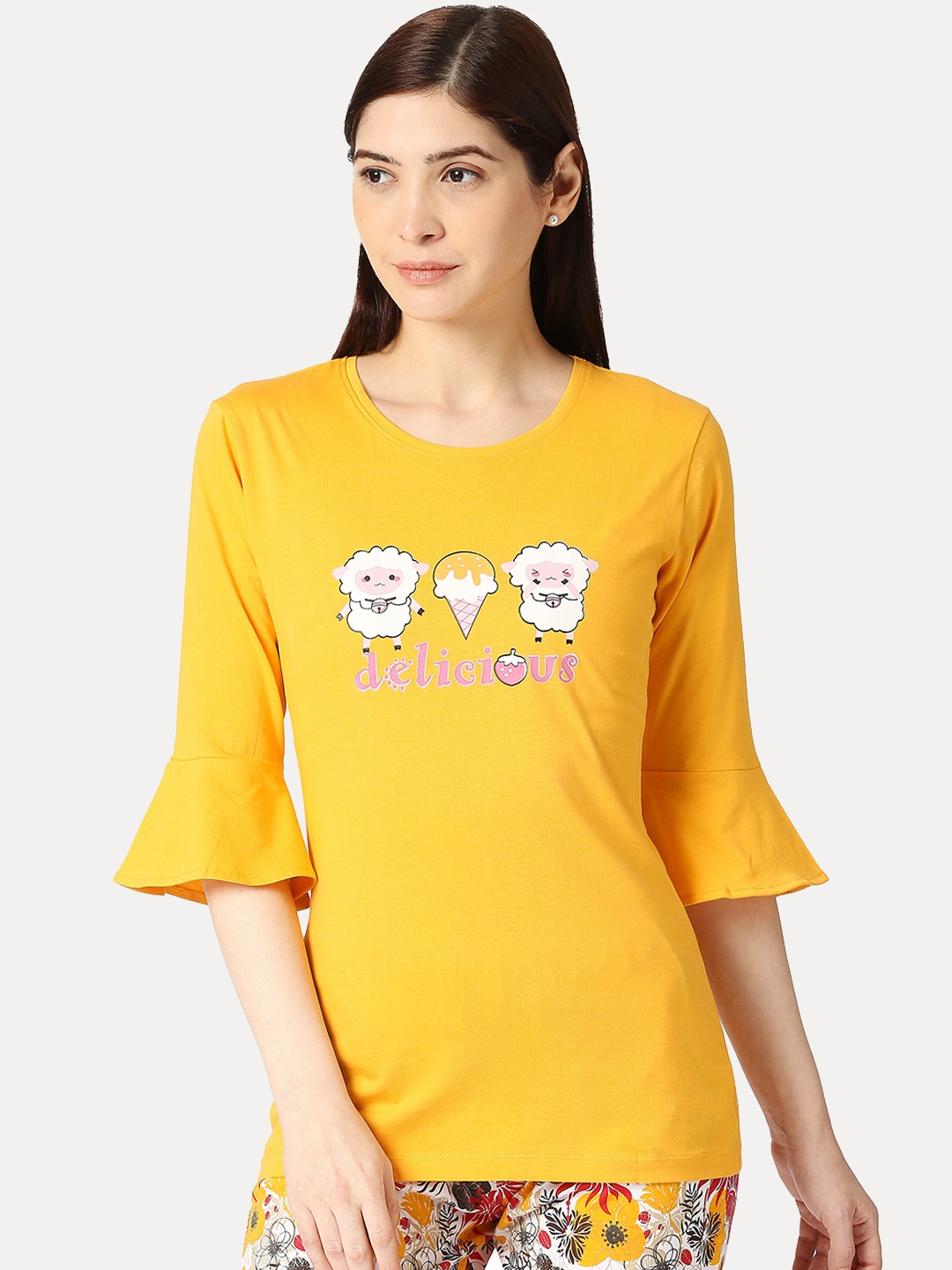 

zebu Printed Pure Cotton Lounge T-shirts, Yellow