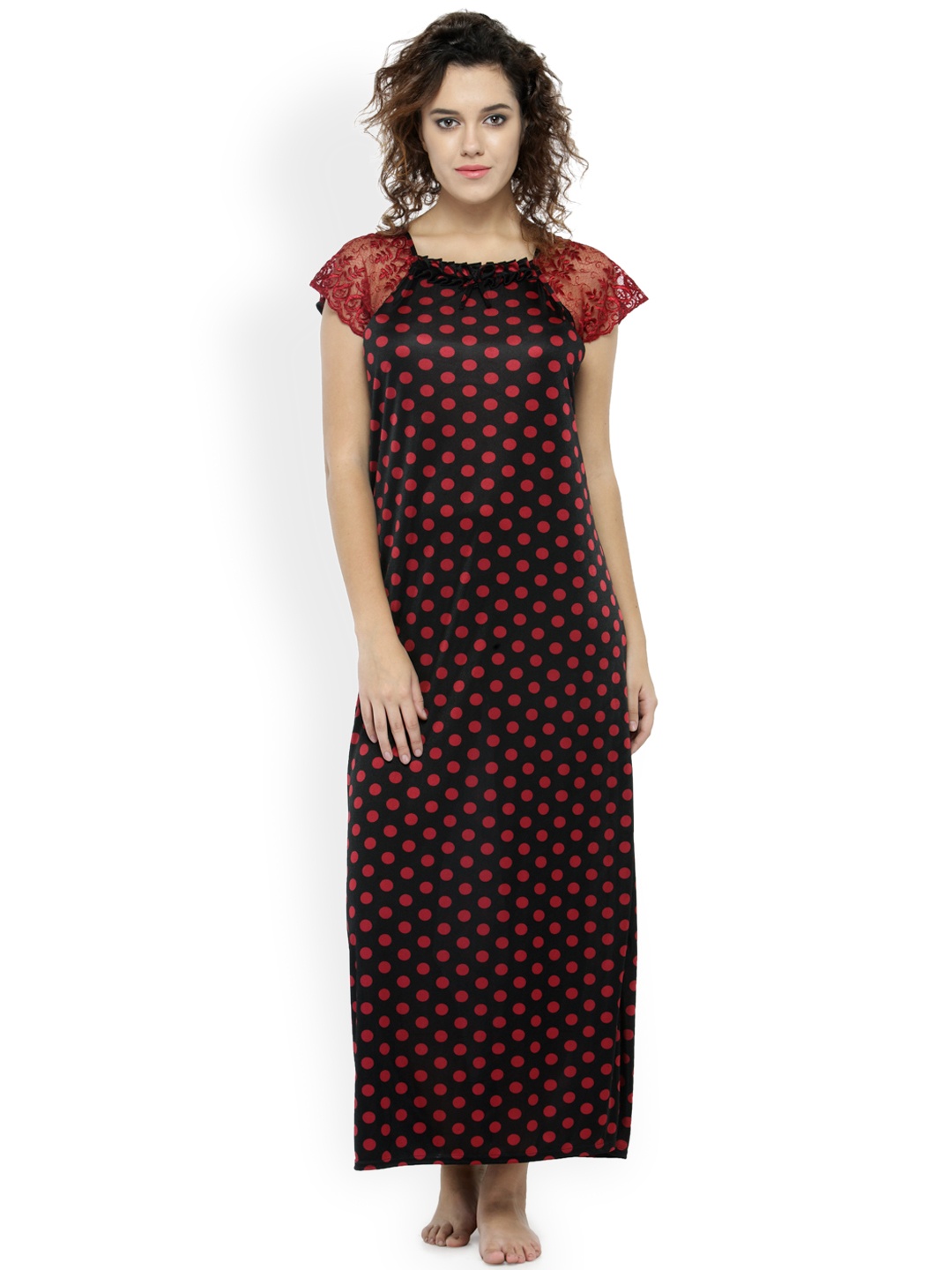 

N-Gal Black & Maroon Polka Dot Print Maxi Nightdress NSR06