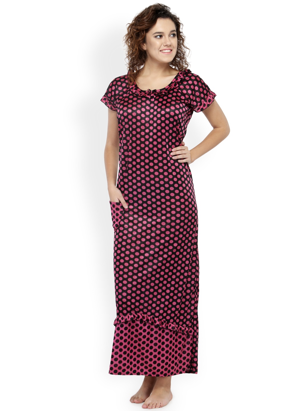 

N-Gal Black & Pink Polka Dot Print Maxi Nightdress NSR17