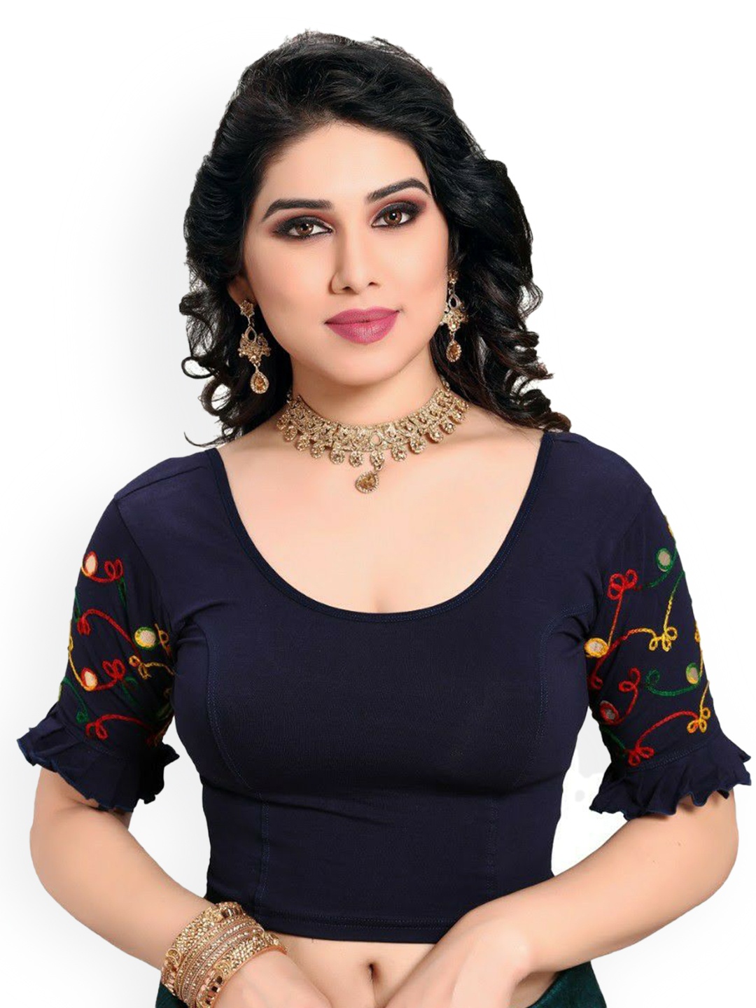 

VEERAX Round Neck Saree Blouse With Threadwork, Navy blue