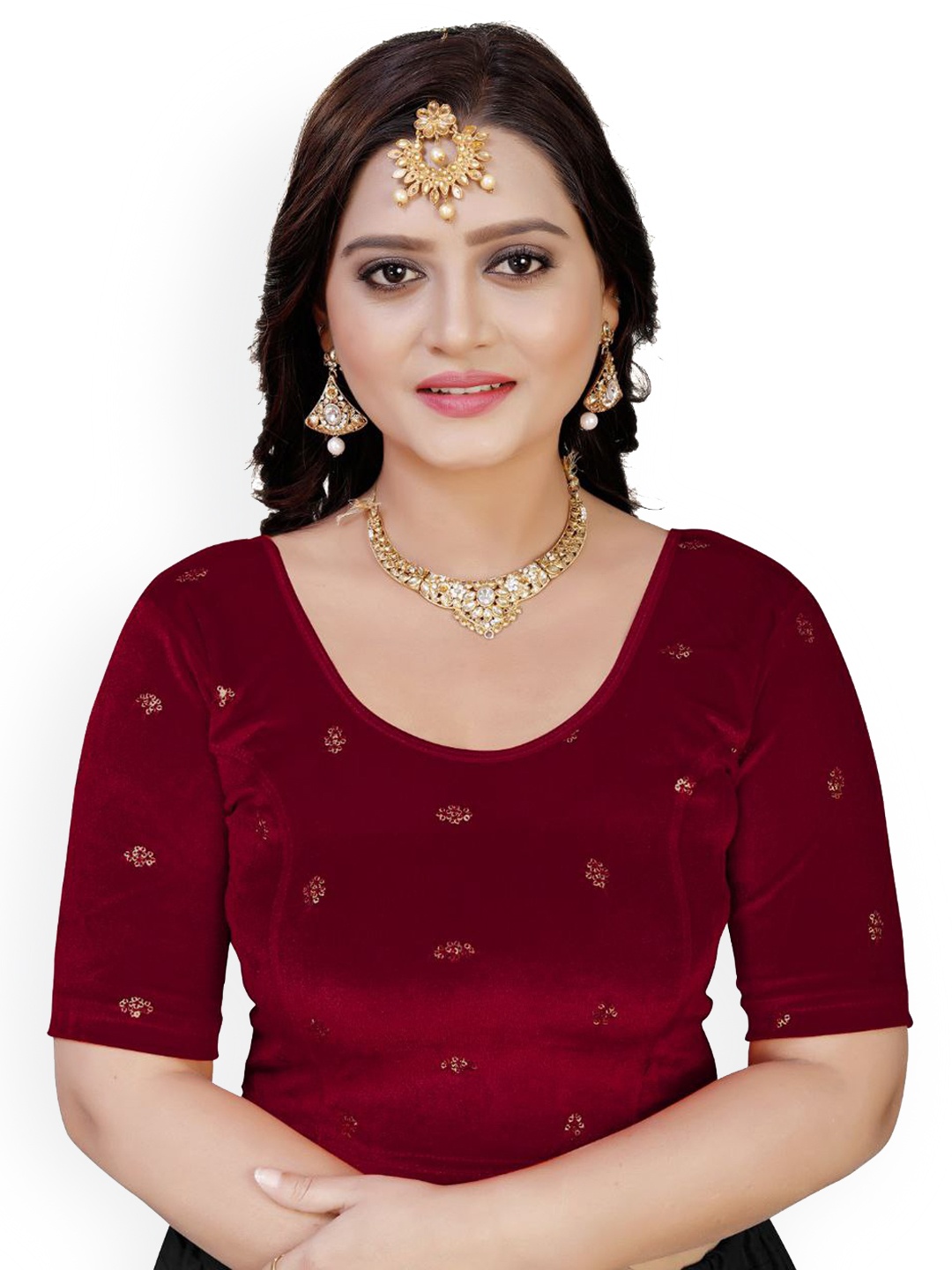 

VEERAX Embellished Sequinned Velvet Saree Blouse, Maroon