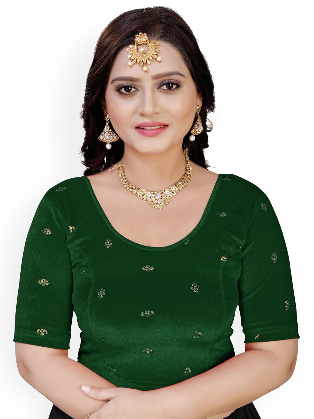 

VEERAX Embellished Sequinnes Velvet Saree Blouse, Green