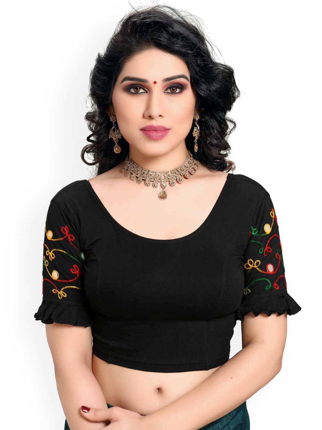

VEERAX Round Neck Thread Work Saree Blouse, Black