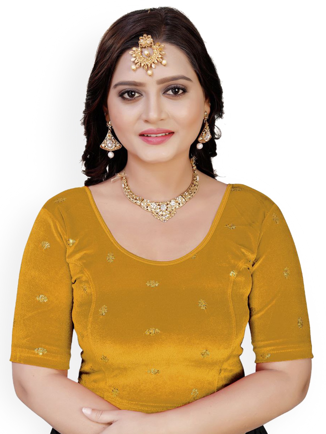 

VEERAX Embellished Sequinnes Velvet Saree Blouse, Mustard