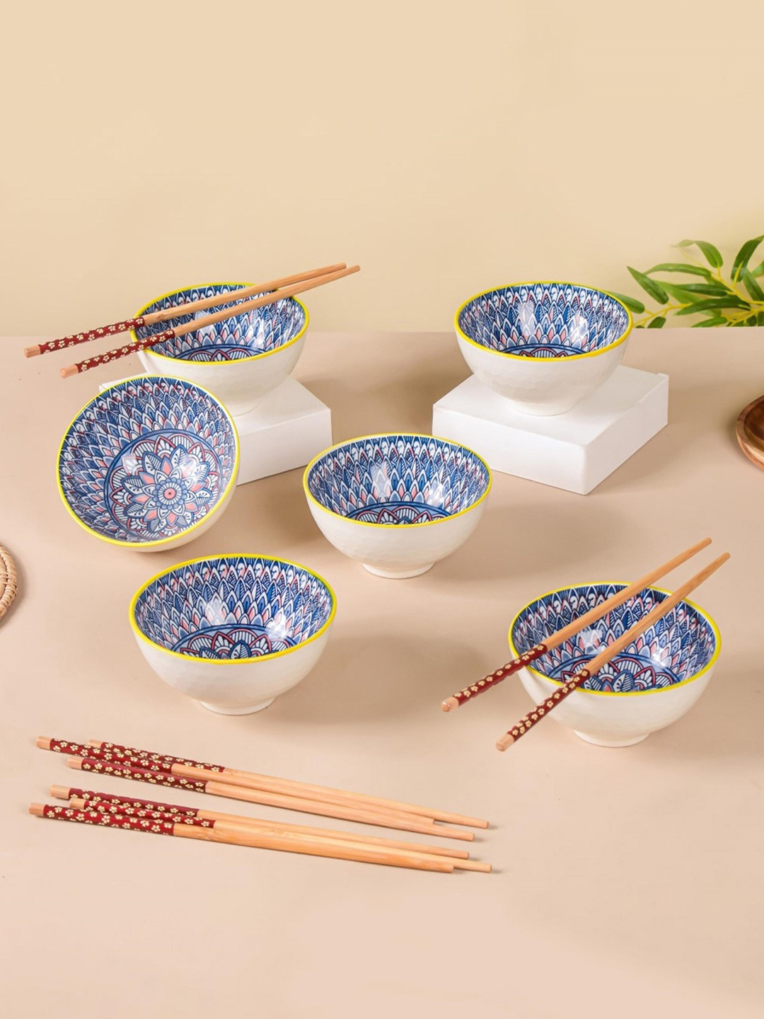 

Nestasia Blue & White 12 Pieces Printed Ceramic Glossy Bowls And Chopsticks
