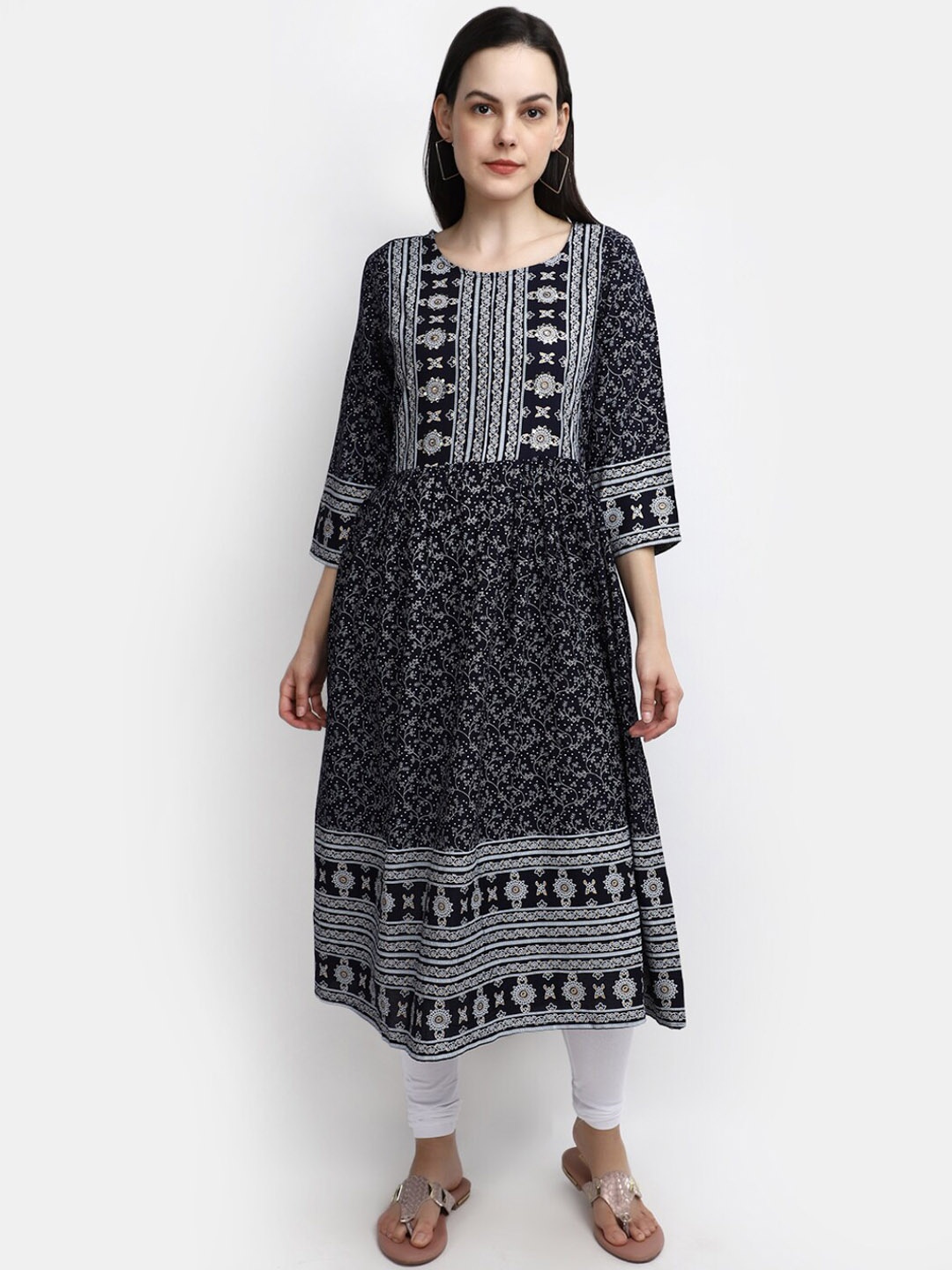 V-Mart Ethnic Motifs Printed A-Line Kurta, Navy blue