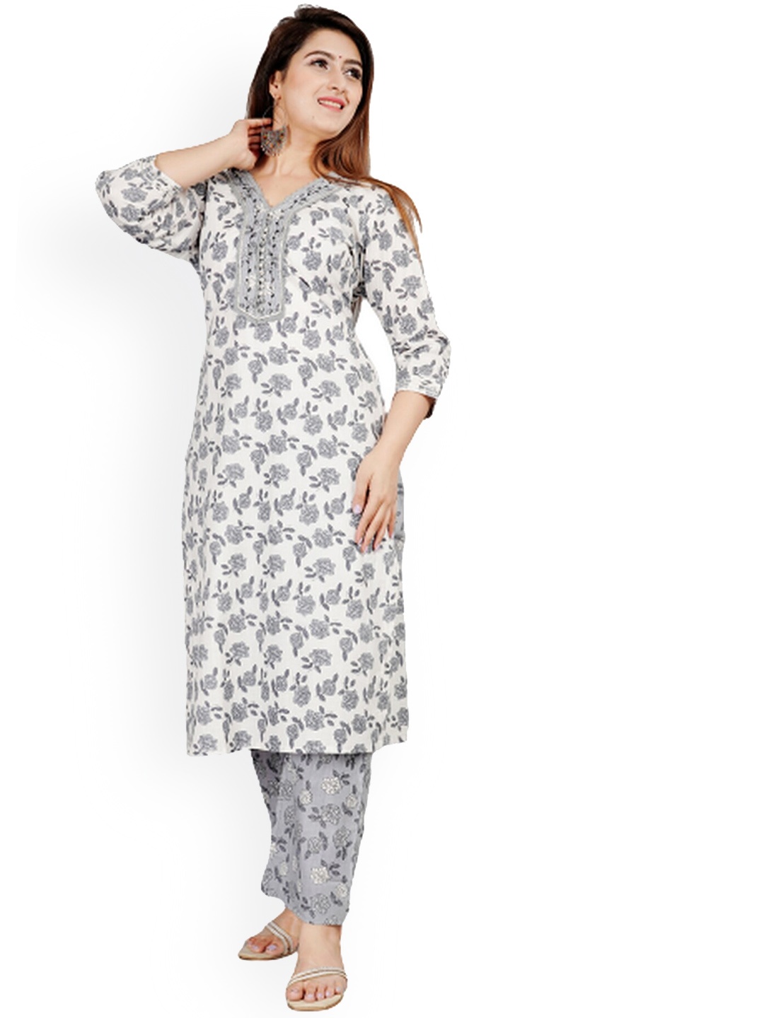 

EtnicaWear Floral Printed Cotton Kurta, Grey