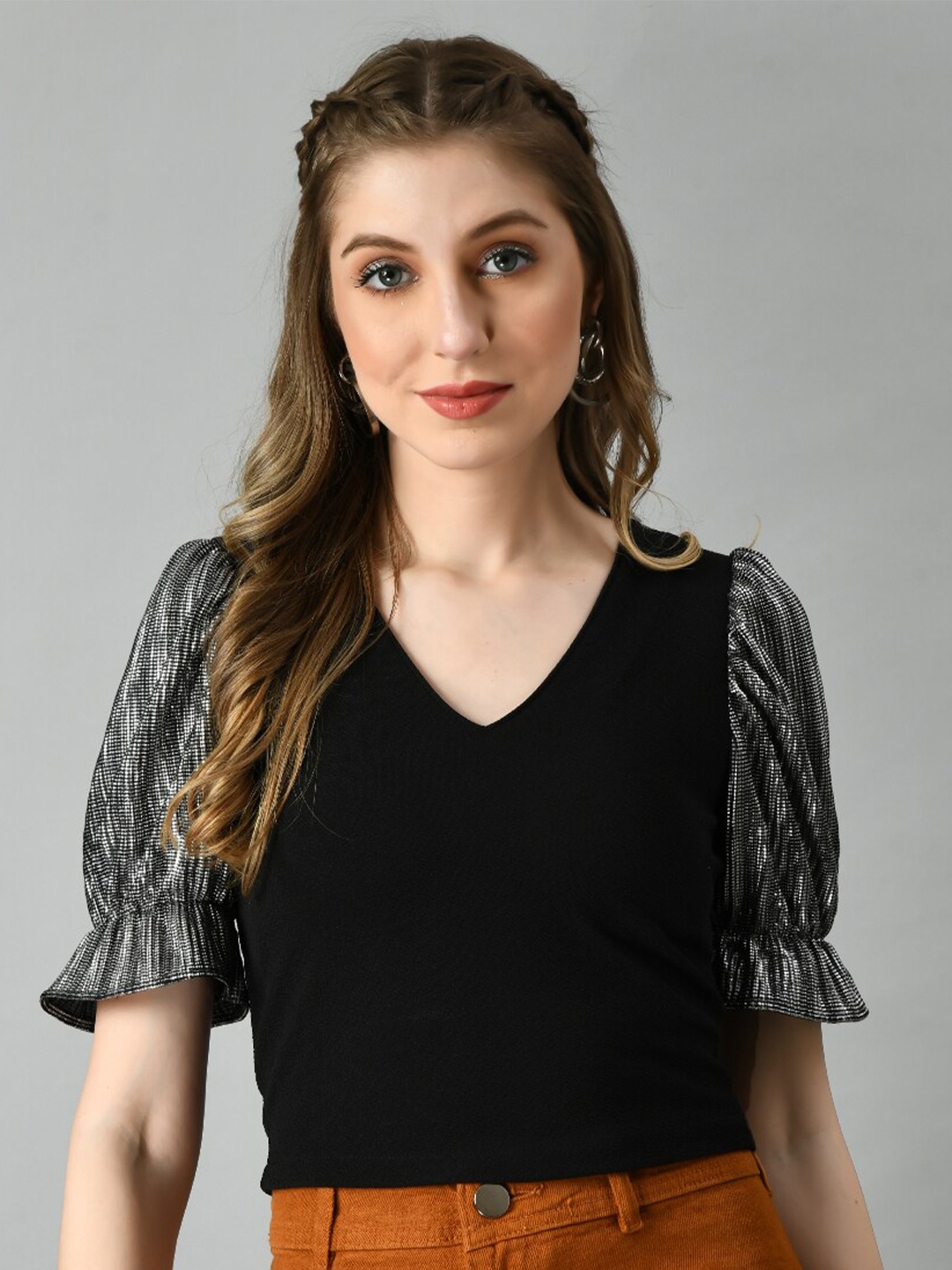 

IUGA V-Neck Puff Sleeves Top, Black