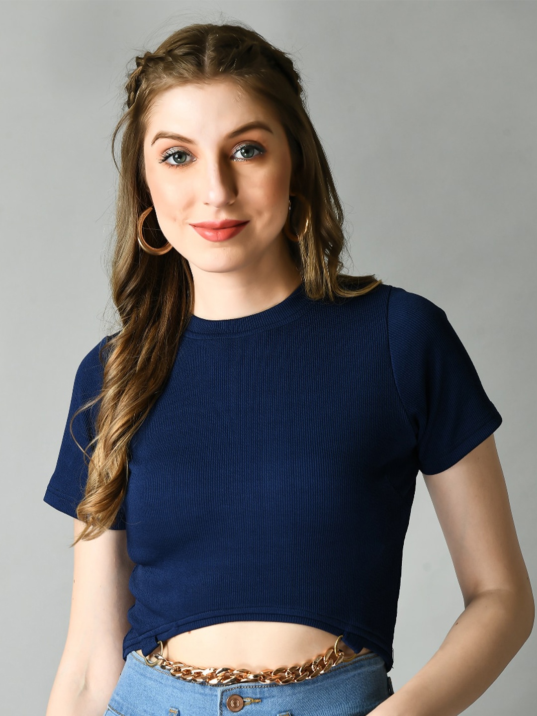 

IUGA Round Neck Short Sleeves Crop Top, Navy blue