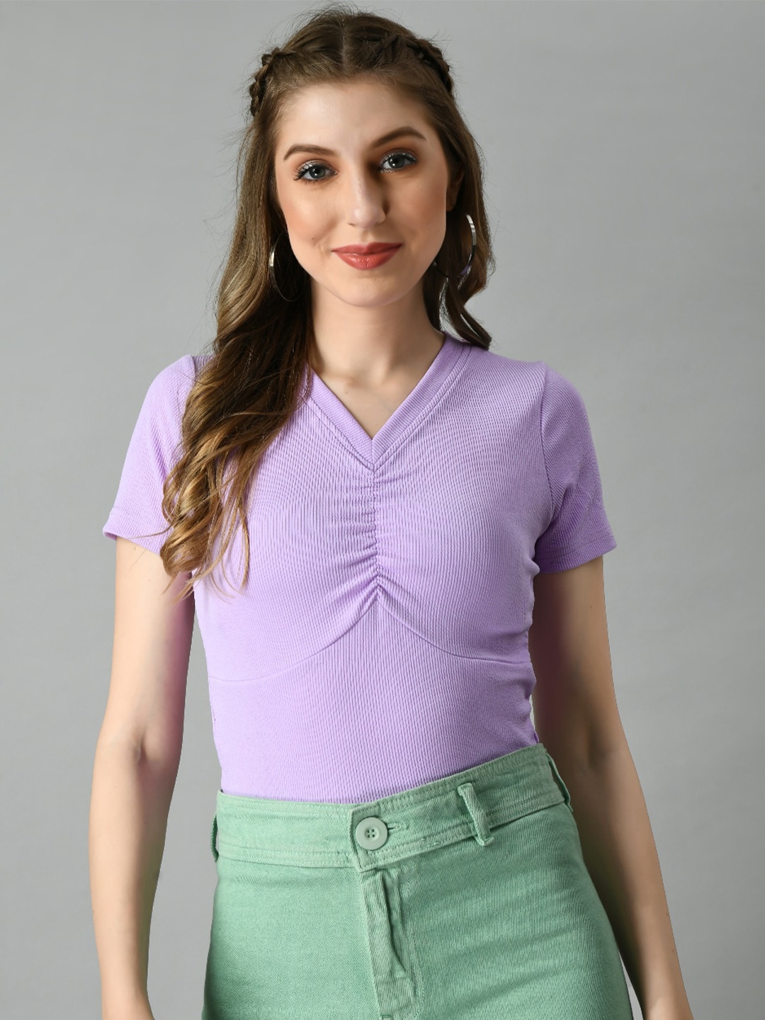 

IUGA V-Neck Short Sleeves Fitted Ruched Casual Top, Lavender