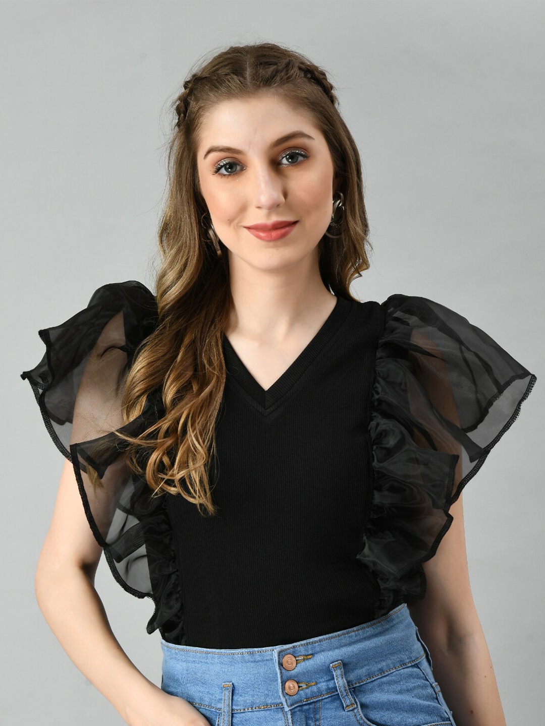 

IUGA V-Neck Flutter Sleeve Regular Top, Black