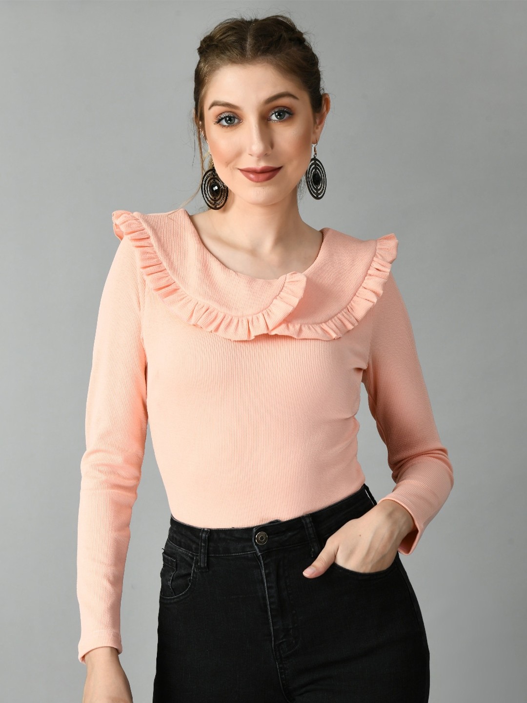 

IUGA Round Neck Long Sleeves Fitted Top, Peach