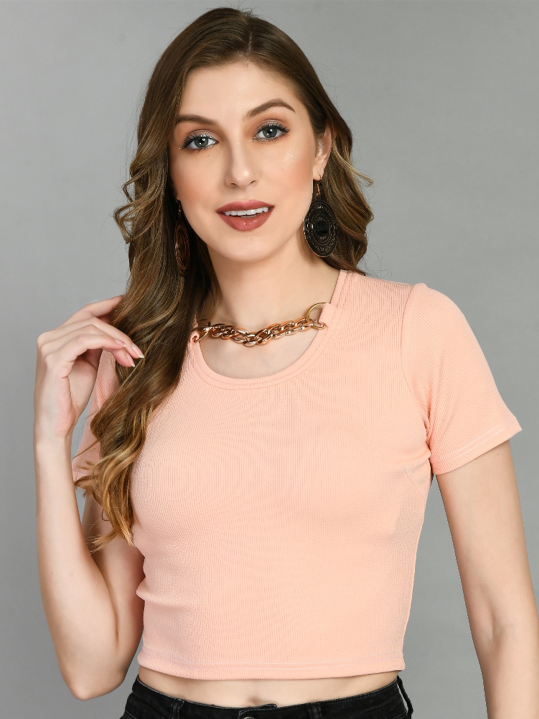 

IUGA Round Neck Short Sleeves Fitted Crop Top, Peach