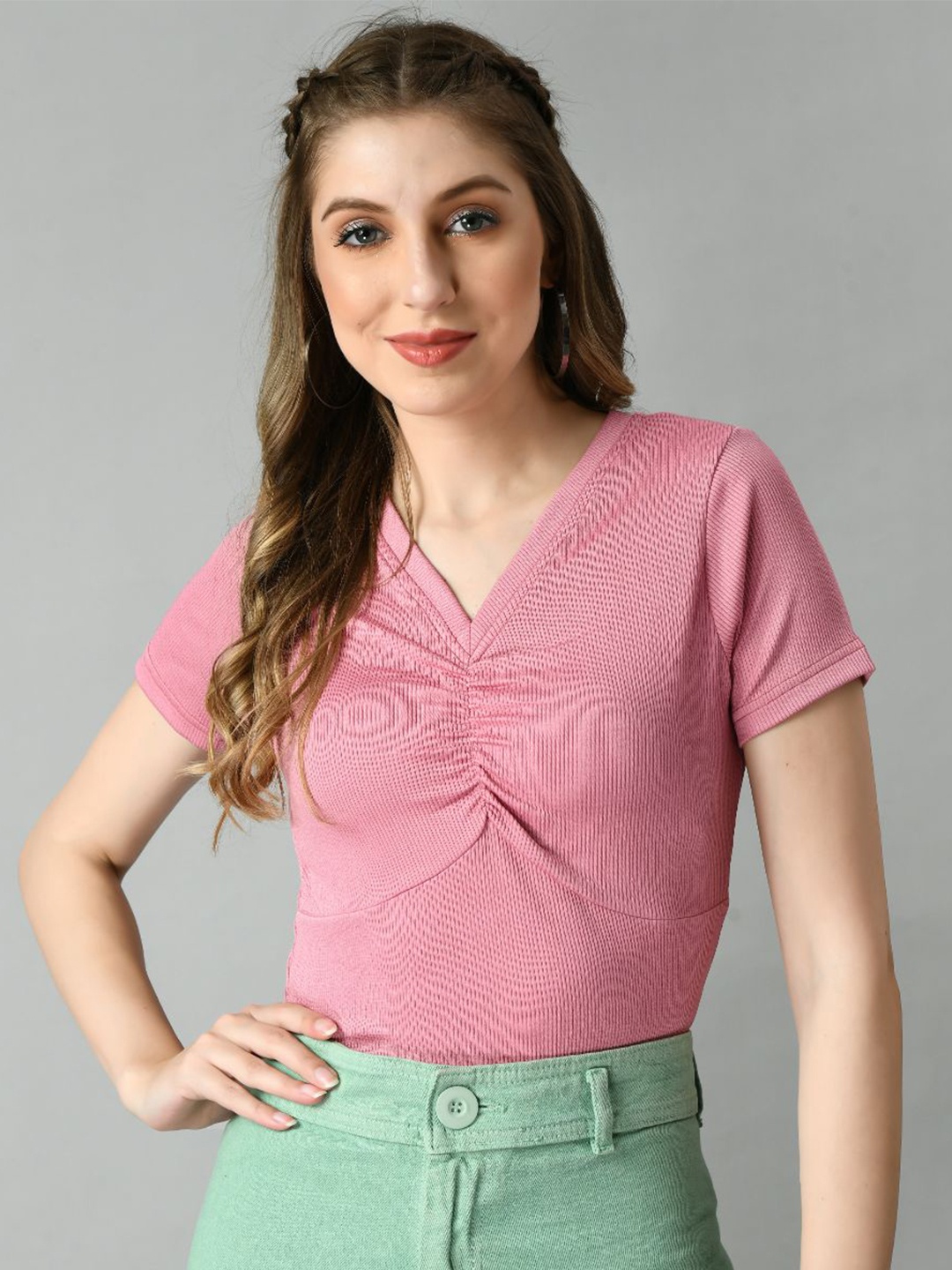 

IUGA V-Neck Short Sleeves Ruched Fitted Casual Top, Pink