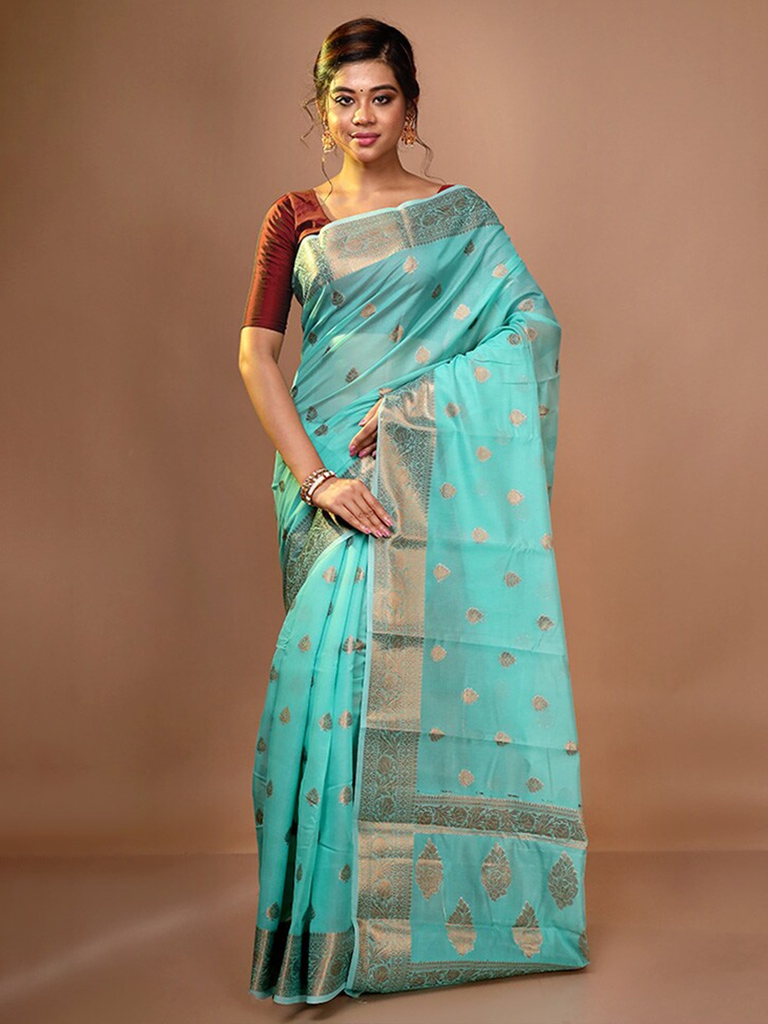 

AllSilks Ethnic Motif Woven Design Zari Saree, Sea green