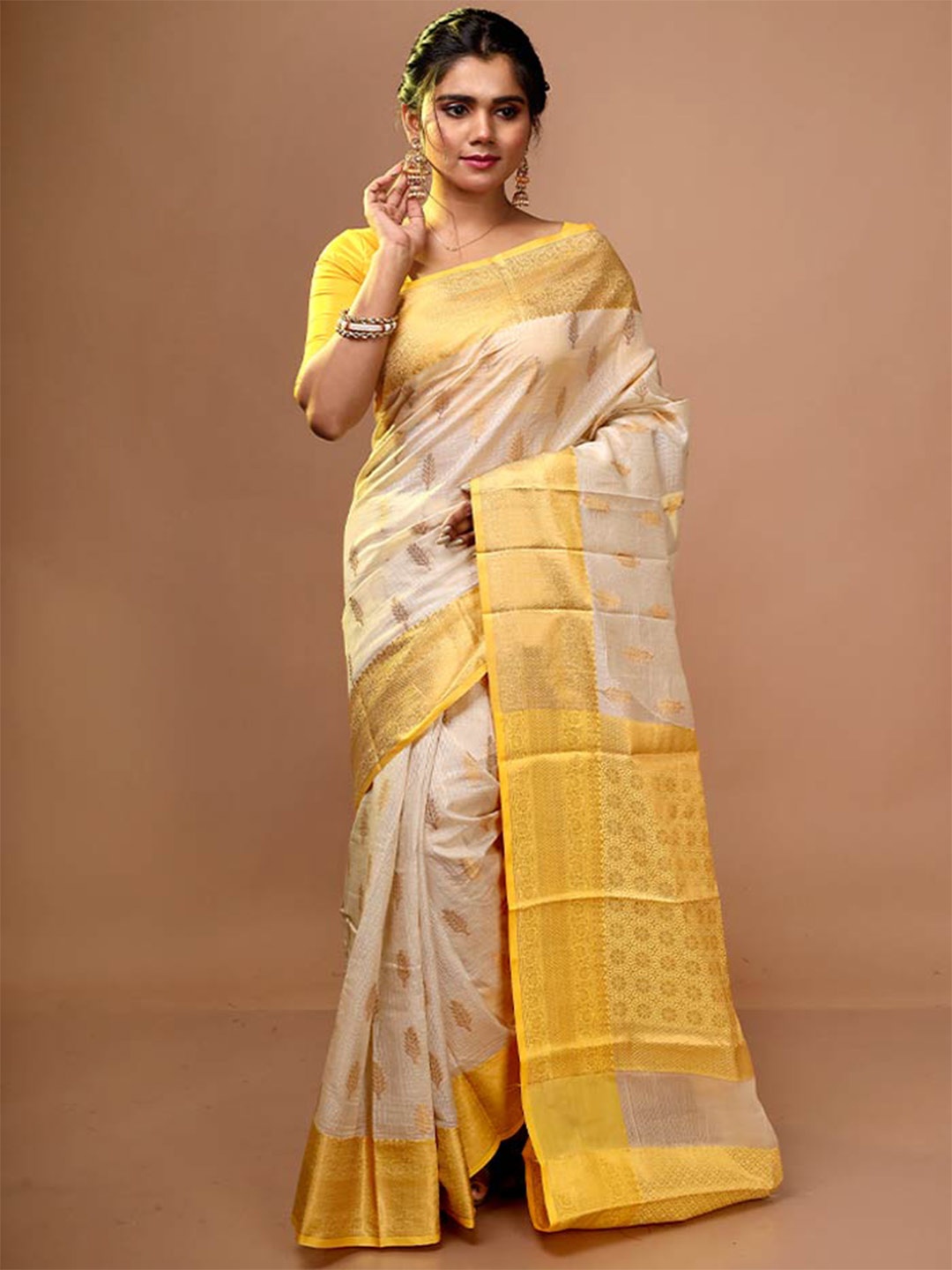 

AllSilks Floral Woven Design Zari Saree, Cream