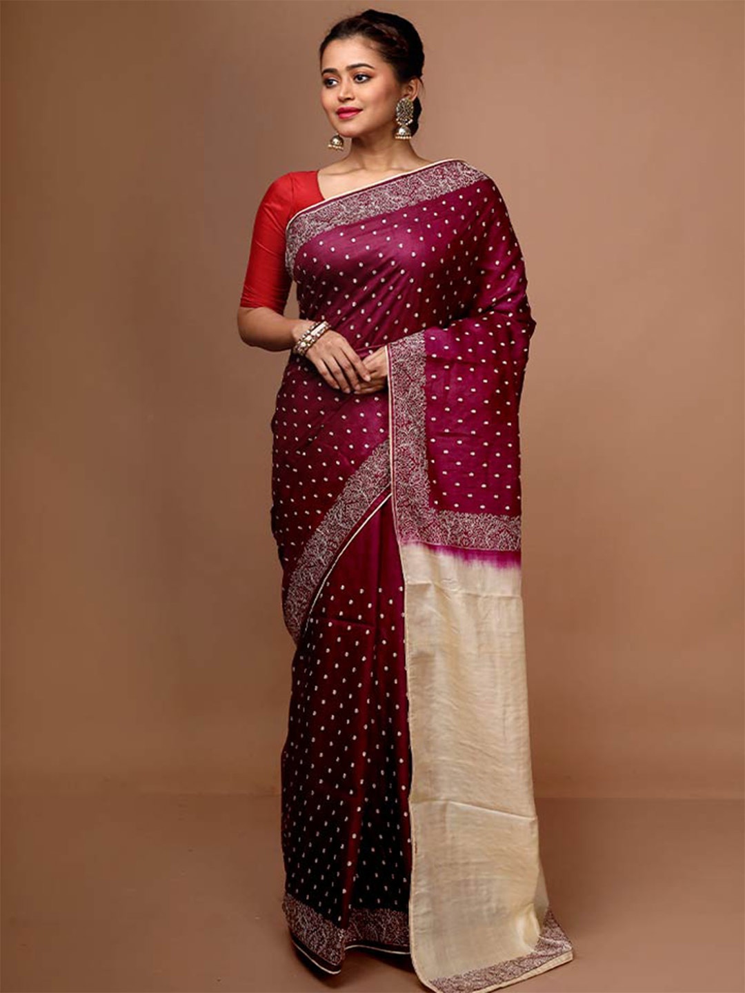 

AllSilks Floral Embroidered Pure Silk Tussar Saree, Purple
