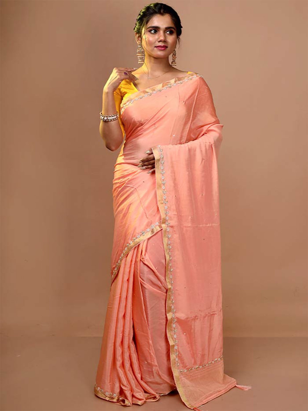 

AllSilks Embellished Stone Work Zari Art Silk Saree With Blouse Piece, Pink