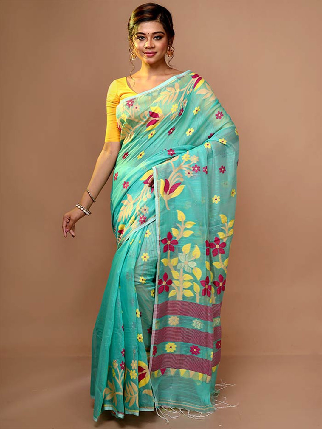 

AllSilks Floral Woven Design Saree, Sea green