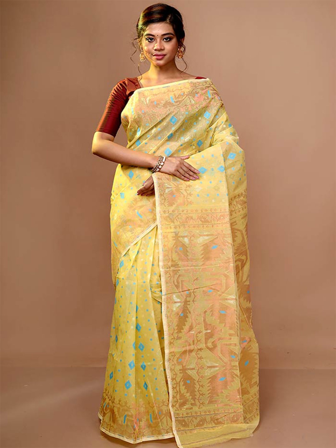 

AllSilks Woven Design Zari Pure Cotton Taant Saree, Yellow