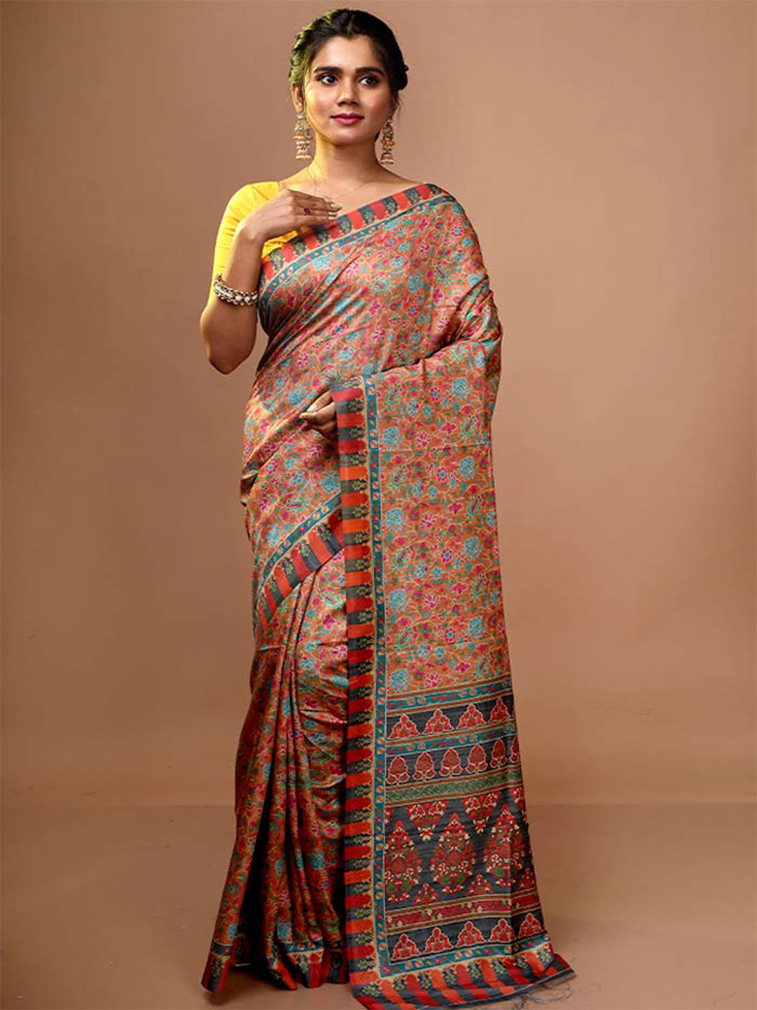 

AllSilks Ethnic Motifs Pure Silk Block Print Saree, Yellow
