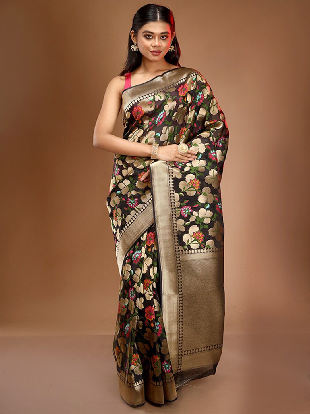 

AllSilks Floral Zari Art Silk Saree With Blouse Piece, Black