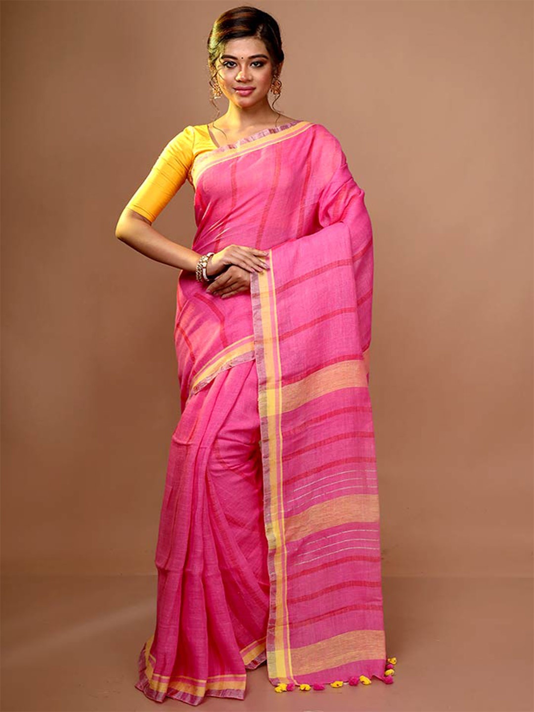 

AllSilks Striped Zari Pure Silk Saree, Pink